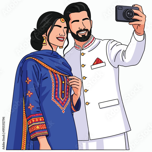 Modern pakistani couple taking selfie together wearing elegant traditional attire