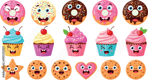 Cute dessert characters collection with donuts cupcakes cookies and sweets kawaii style colorful happy food vector illustration set
