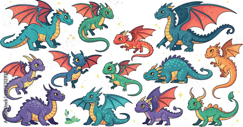 Cute fantasy dragon cartoon collection with colorful flying baby dragons wings horns and magical creatures vector illustration set