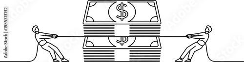 Conceptual line art of two people in a tug of war competition over a large stack of money.