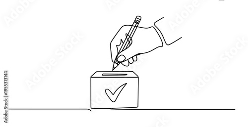 Continuous line drawing of a hand holding a pencil above a ballot box with a checkmark symbol.