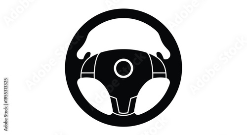 Black steering wheel and dashboard shown in a circular silhouette