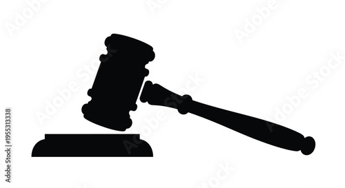 A black silhouette of a gavel resting on a sound block silhouette