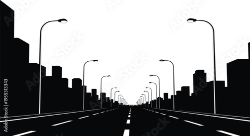 A long straight road lined with city lights a stark silhouette