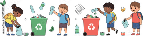 Children recycling waste in colorful bins, kids sorting trash, environmental education concept, eco friendly activity, sustainability awareness cartoon vector