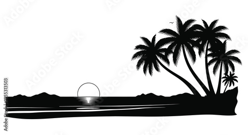 Tropical beach landscape with palm trees and a setting sun silhouette