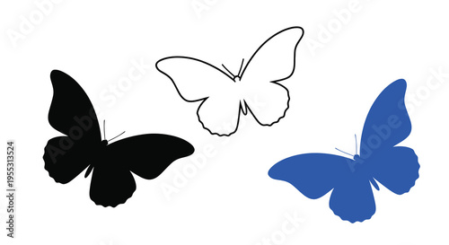 Three butterflies depicted in varying colors and a dark outline silhouette