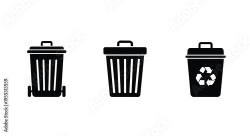 Three black trash cans with lids a recycling symbol silhouette