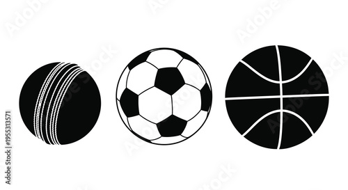 Three sports balls in a row cricket soccer and basketball silhouette
