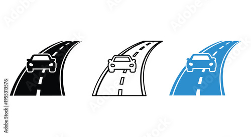 Three versions of a car driving on a winding road silhouette