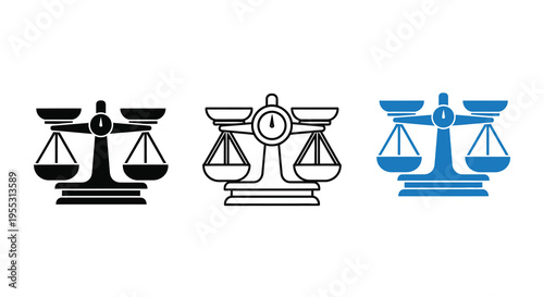 Three scales of justice icons in varying color schemes silhouette