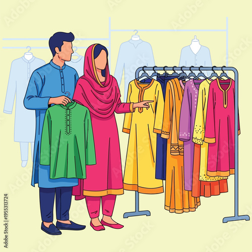 Pakistani couple shopping for traditional clothes, man and woman looking at colorful dresses on display
