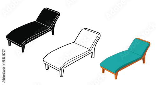 Three variations of a chaise lounge chair including a dark silhouette