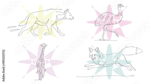 Minimalist Single Line Art Animal Illustrations with Geometric Backgrounds - Fox, Giraffe, Ostrich, Wolf