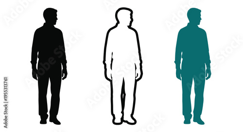 Three male figures depicted in varying color schemes a silhouette