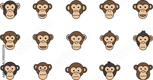 Cute monkey face icons collection cartoon primate head expressions animal character flat vector illustration set