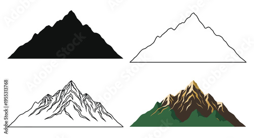 Four mountain depictions showcasing varying artistic styles a bold silhouette