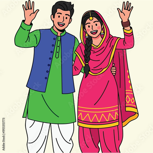 Pakistani couple waving hands, cheerful man and woman in traditional attire greeting audience