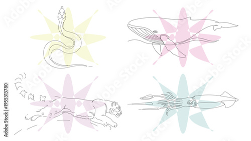 Minimalist Single Line Art Collection Featuring Marine and Reptilian Creatures with Pastel Geometric Backgrounds