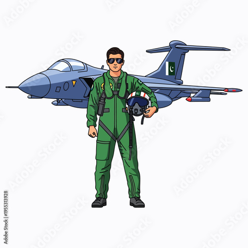 Pakistani air force pilot standing in front of jet fighter, military man in uniform holding helmet
