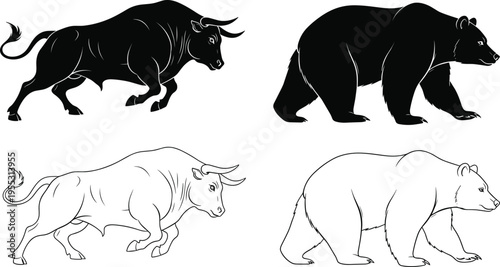 Bull and bear stock market symbols set cad drawing flat vector illustration flavector finance trade economy trend silhouette outline collection.