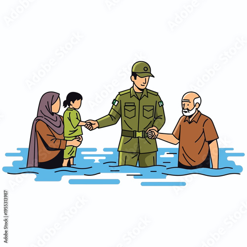 Pakistan soldier helping flood victims and family in water during disaster relief