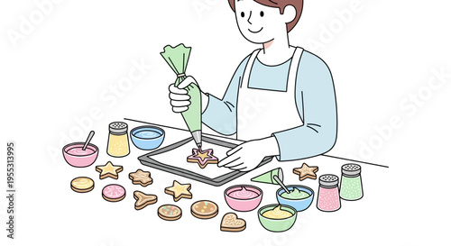 Woman decorating sweet baked cookie treats.