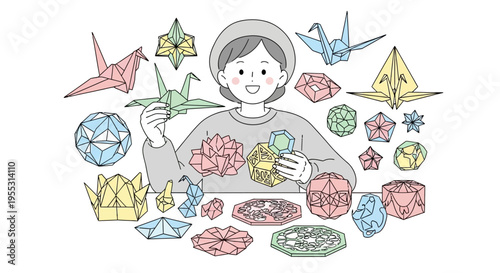 Woman making colorful origami paper crafts.