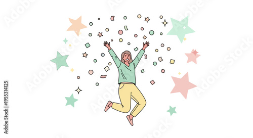 Woman jumping with colorful star confetti.