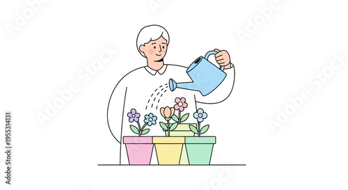 Man watering flowers in pots.