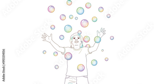 Man Releasing Colorful Soap Bubbles Outdoors.