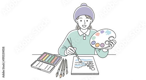 Woman painting with color palette.