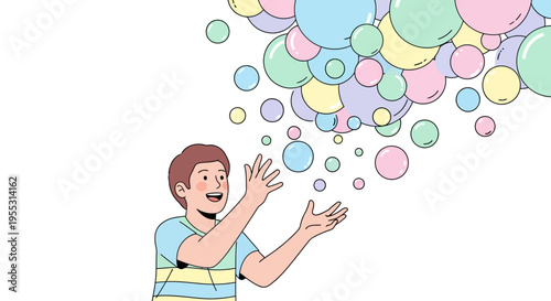 Man Releasing Colorful Floating Bubbles.