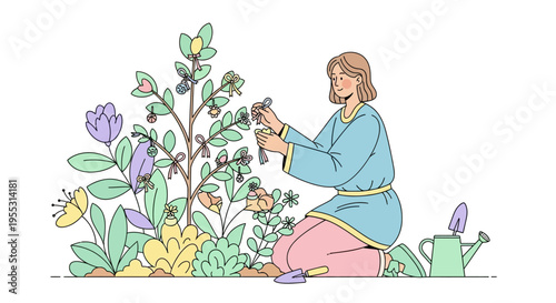 Man kneeling and gardening flowers.