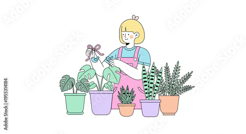 Woman caring for house plants indoor.