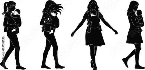Black and white vector silhouette set of mothers carrying their babies in ergonomic slings and carriers, featuring various walking and standing poses for parenting and childcare designs.