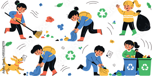 Kids cleaning park and collecting trash cartoon vector set children recycling waste eco friendly environment protection illustration