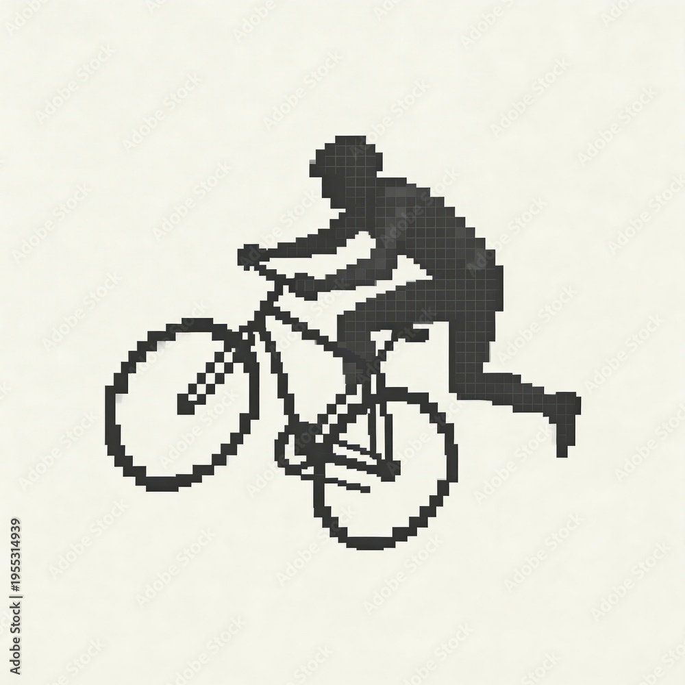 Obraz premium Pixelated Silhouette of a BMX Rider Performing a Jump, Black on White, Minimalist Design, Concept of Action and Extreme Sports