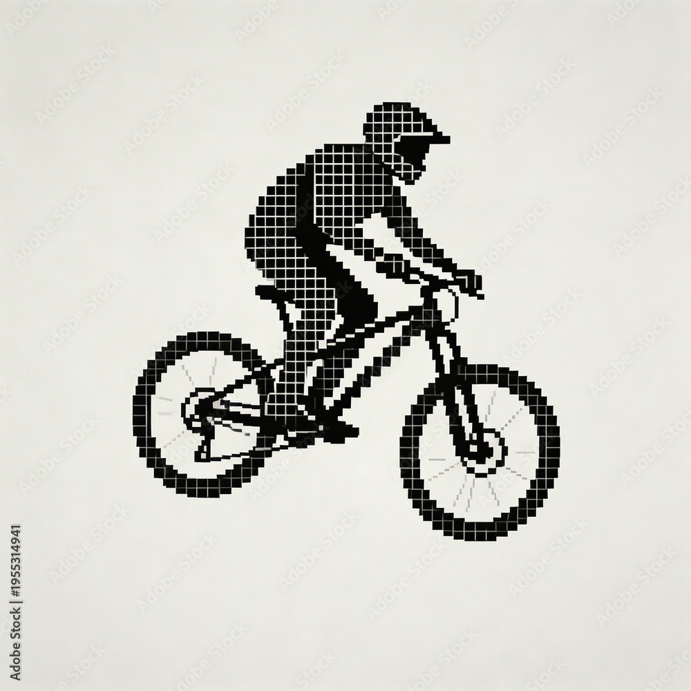 Fototapeta premium Pixelated Silhouette of a Mountain Biker, Black on White, Minimalist Design, Concept of Adventure and Off-Roading