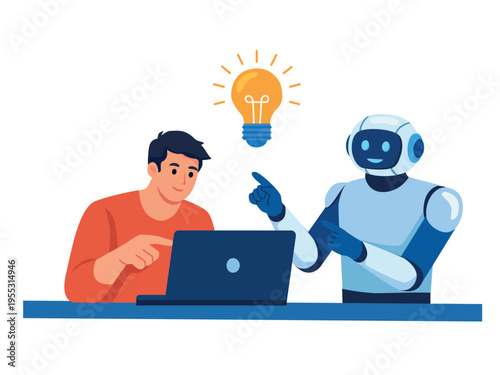 Human and Robot Working Together with Laptop Artificial Intelligence Concept. Man and AI Robot Collaboration Technology Illustration