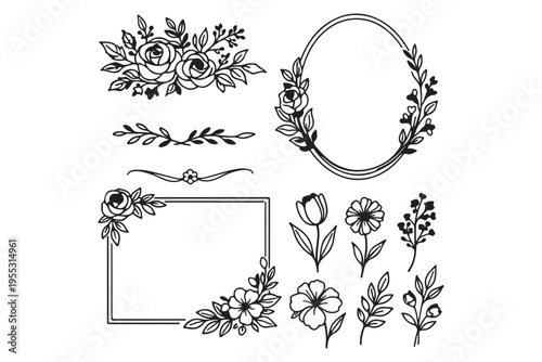 Set of different flowers, brunch and frames from flat editable stroke. Luxury line floral collection for wedding invitation art, design template. Botanical vector