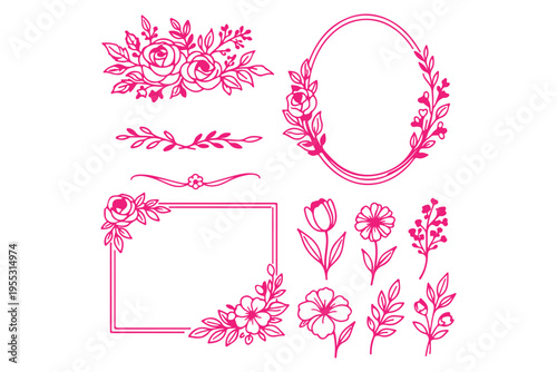 Set of different flowers, brunch and frames from flat editable stroke. Luxury line floral collection for wedding invitation art, design template. Botanical vector