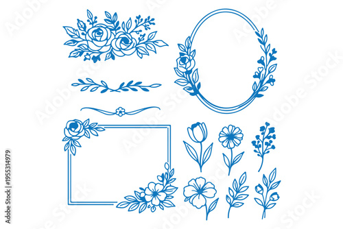 Set of different flowers, brunch and frames from flat editable stroke. Luxury line floral collection for wedding invitation art, design template. Botanical vector