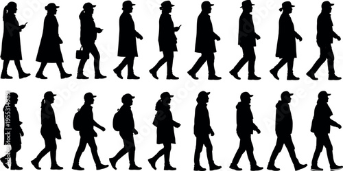 Black silhouette set of diverse people in winter clothes walking side view isolated on white background for urban lifestyle design