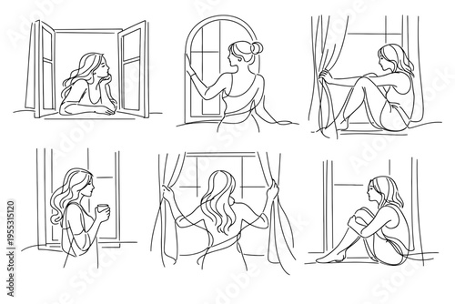 Minimalist continuous line drawing of woman at home – relaxing, window scenes, daily life moments