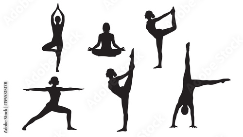Silhouettes of women performing various dynamic yoga poses and stretching exercises against a white background.