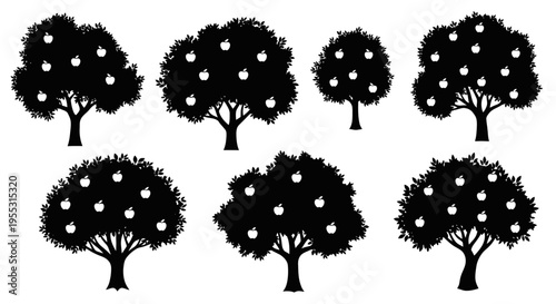 Silhouette of multiple trees with apples on branches against white background fruit trees in black and white
