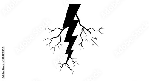 Black lightning bolt with cracked branches on white background symbolizing energy and power