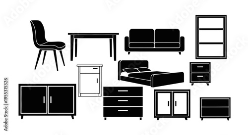 Modern home furniture set with sofa bed table chair and cabinets in black and white minimalist style