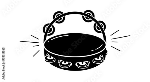 Black and white illustration of a tambourine with jingles musical instrument for rhythm and music making
